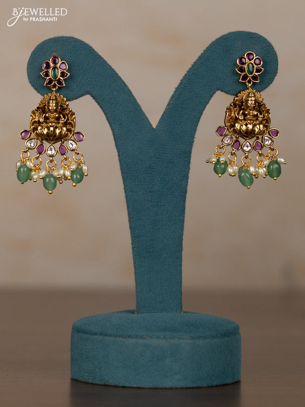 Antique guttapusalu necklace lakshmi & manga pattern with kemp & kundan stones and pearl & mint green beads hangings