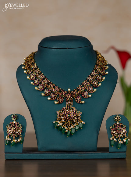 Antique necklace manga pattern with kemp & cz stones and pearl & green beads hangings