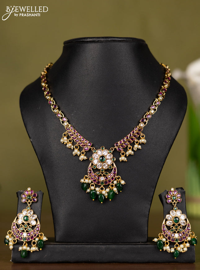 Antique necklace chandabali design with kemp & kundan stones and pearl & green beads hangings