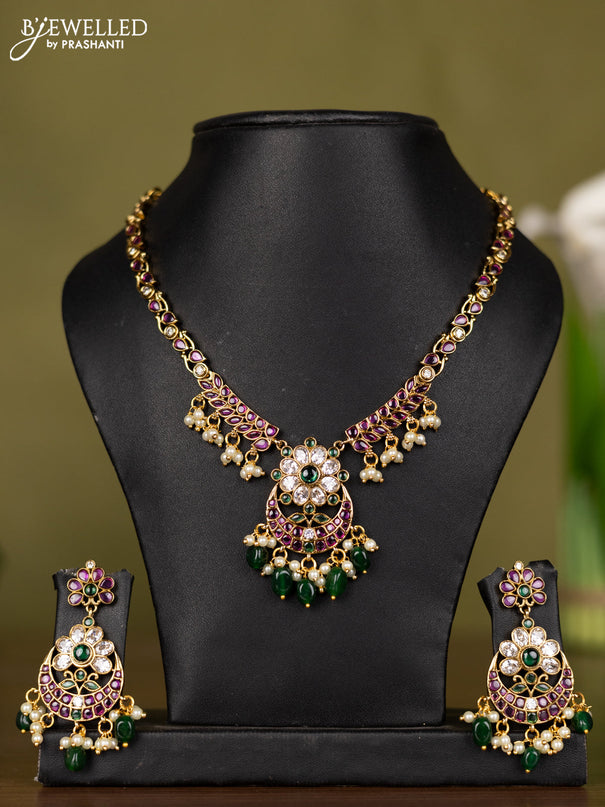 Antique necklace chandabali design with kemp & kundan stones and pearl & green beads hangings