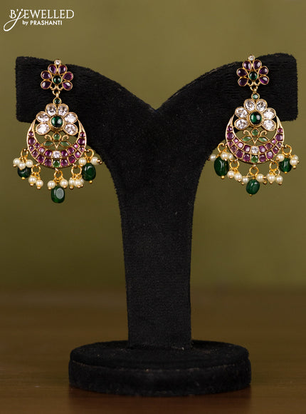 Antique necklace chandabali design with kemp & kundan stones and pearl & green beads hangings