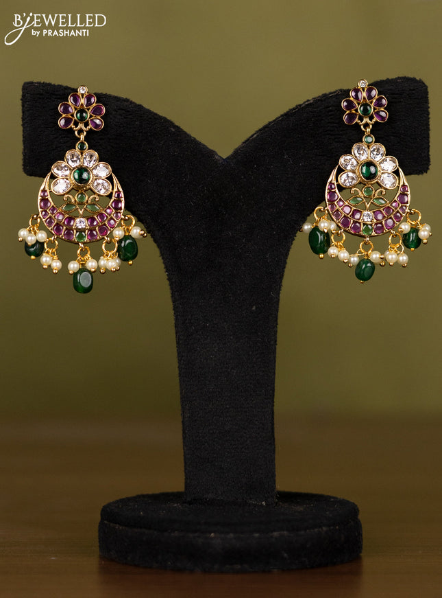 Antique necklace chandabali design with kemp & kundan stones and pearl & green beads hangings
