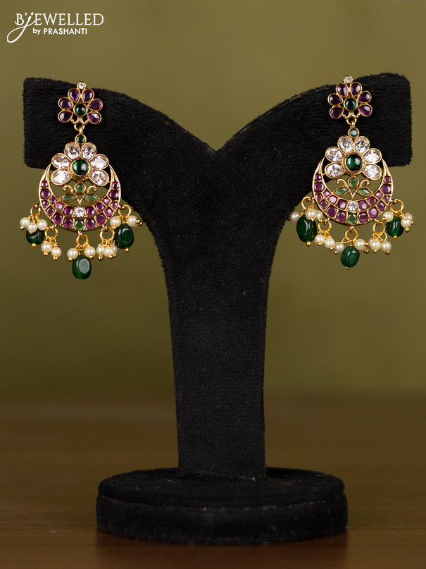 Antique necklace chandabali design with kemp & kundan stones and pearl & green beads hangings