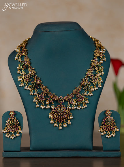 Antique guttapusalu necklace chandbali design with kemp stones and pearl hangings