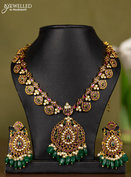 Antique necklace with kemp & cz stones and pearl & green beads hangings