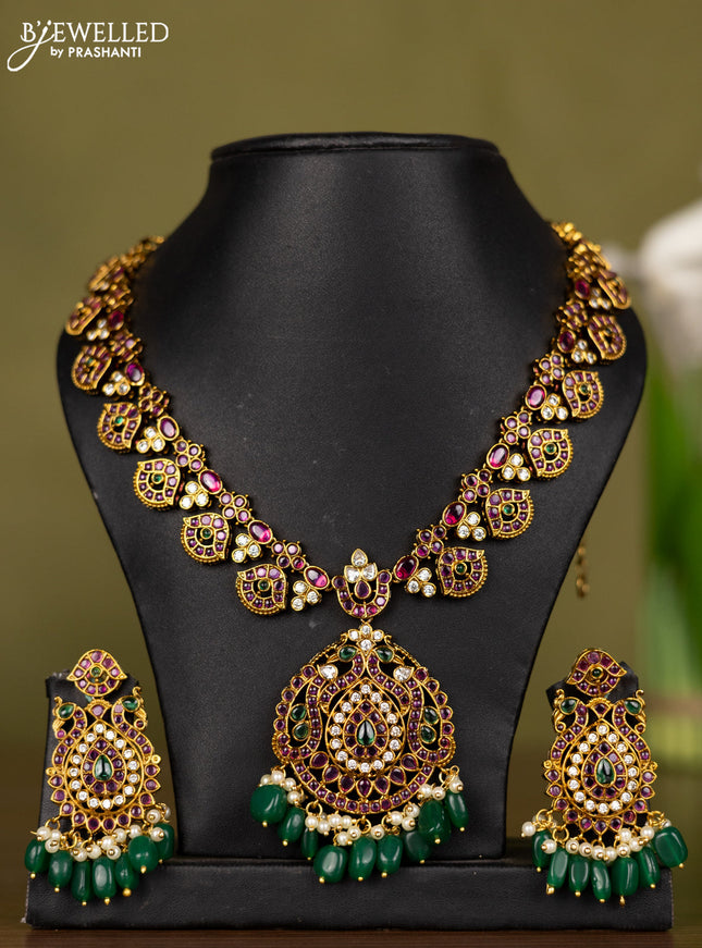 Antique necklace with kemp & cz stones and pearl & green beads hangings
