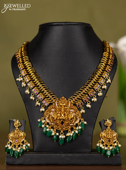 Antique necklace lakshmi design with kemp & cz stones and pearl & green beads hangings