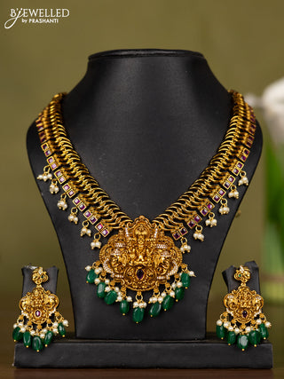 Antique necklace lakshmi design with kemp & cz stones and pearl & green beads hangings
