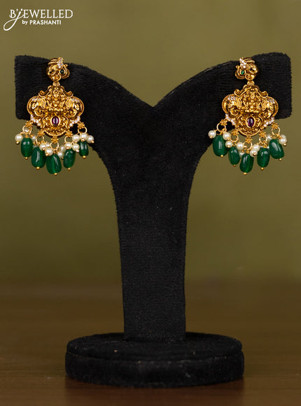 Antique necklace lakshmi design with kemp & cz stones and pearl & green beads hangings