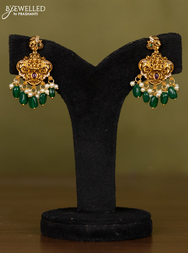 Antique necklace lakshmi design with kemp & cz stones and pearl & green beads hangings