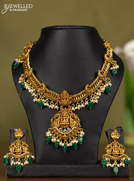 Antique necklace lakshmi design with kemp & cz stones and pearl & green beads hangings