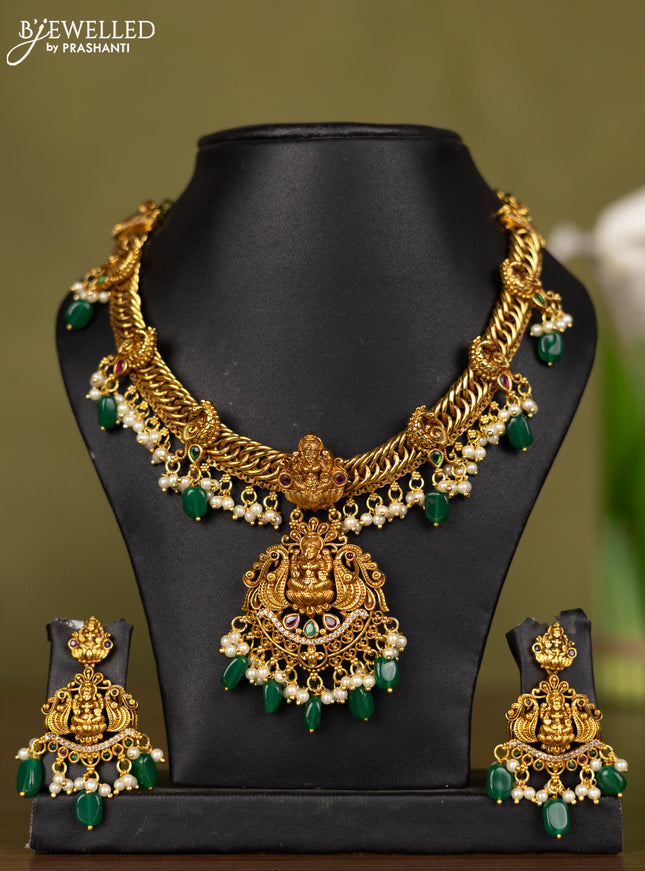 Antique necklace lakshmi design with kemp & cz stones and pearl & green beads hangings