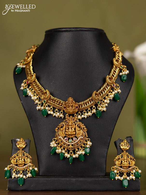 Antique necklace lakshmi design with kemp & cz stones and pearl & green beads hangings