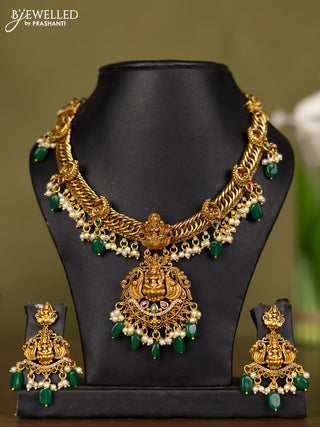 Antique necklace lakshmi design with kemp & cz stones and pearl & green beads hangings