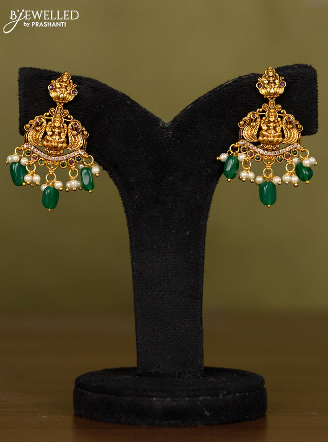 Antique necklace lakshmi design with kemp & cz stones and pearl & green beads hangings