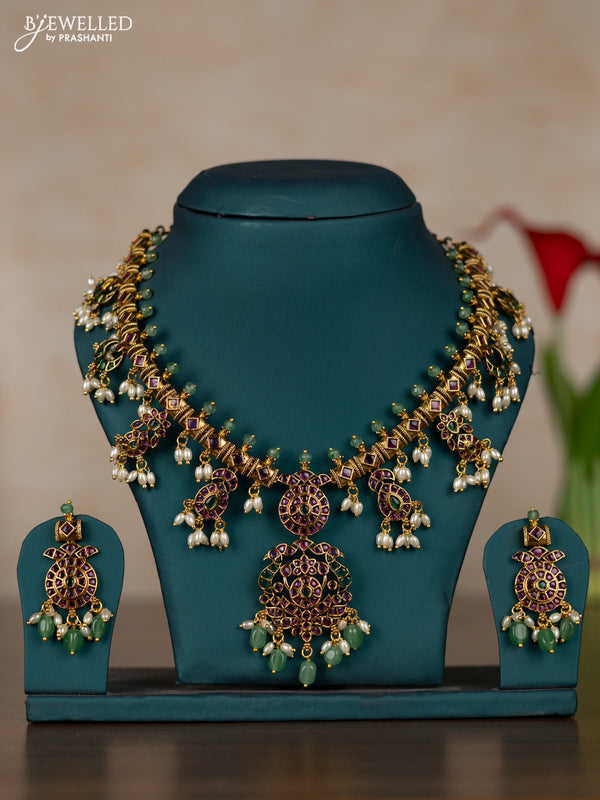 Antique guttapusalu necklace with kemp stones and pearl & mint green beads hangings