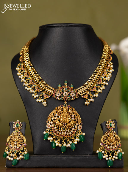 Antique necklace lakshmi design with kemp & cz stones and pearl & green beads hangings