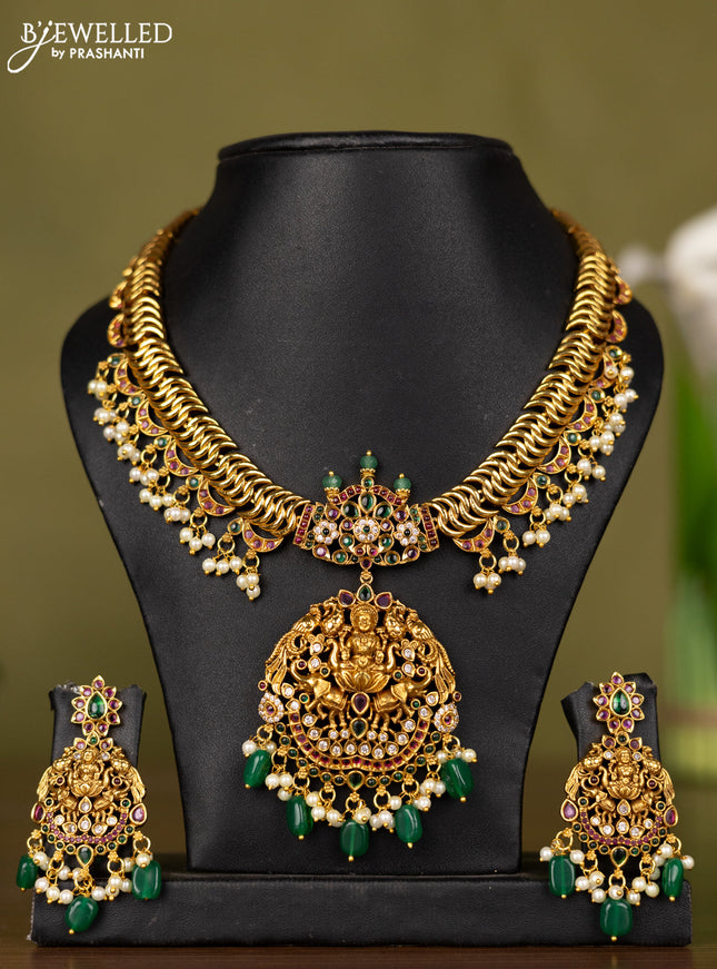 Antique necklace lakshmi design with kemp & cz stones and pearl & green beads hangings