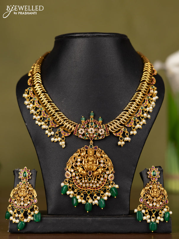 Antique necklace lakshmi design with kemp & cz stones and pearl & green beads hangings