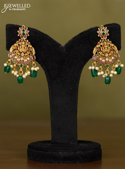 Antique necklace lakshmi design with kemp & cz stones and pearl & green beads hangings
