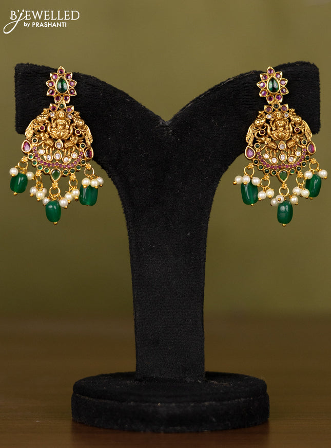 Antique necklace lakshmi design with kemp & cz stones and pearl & green beads hangings