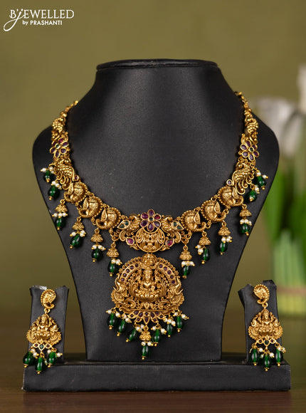 Antique necklace lakshmi design with kemp stones and pearl & green beads hangings