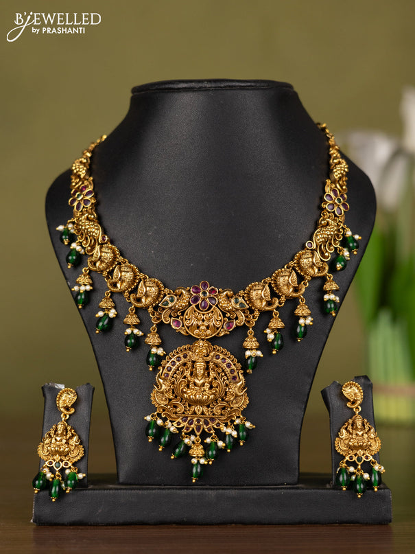 Antique necklace lakshmi design with kemp stones and pearl & green beads hangings