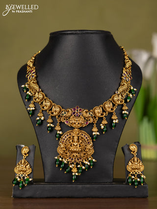 Antique necklace lakshmi design with kemp stones and pearl & green beads hangings