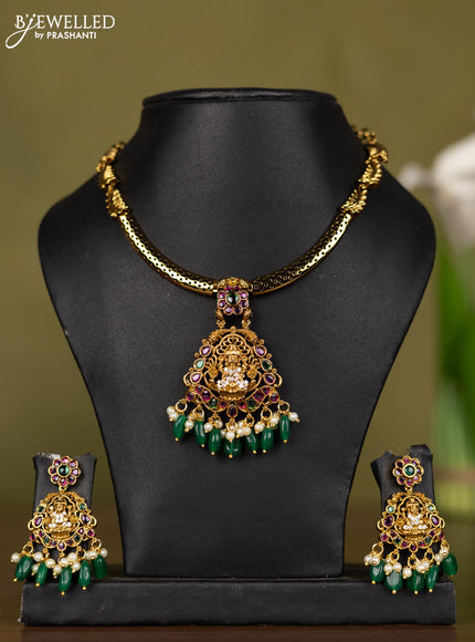 Antique necklace lakshmi design with kemp & cz stones and pearl & green beads hangings