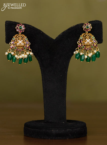 Antique necklace lakshmi design with kemp & cz stones and pearl & green beads hangings