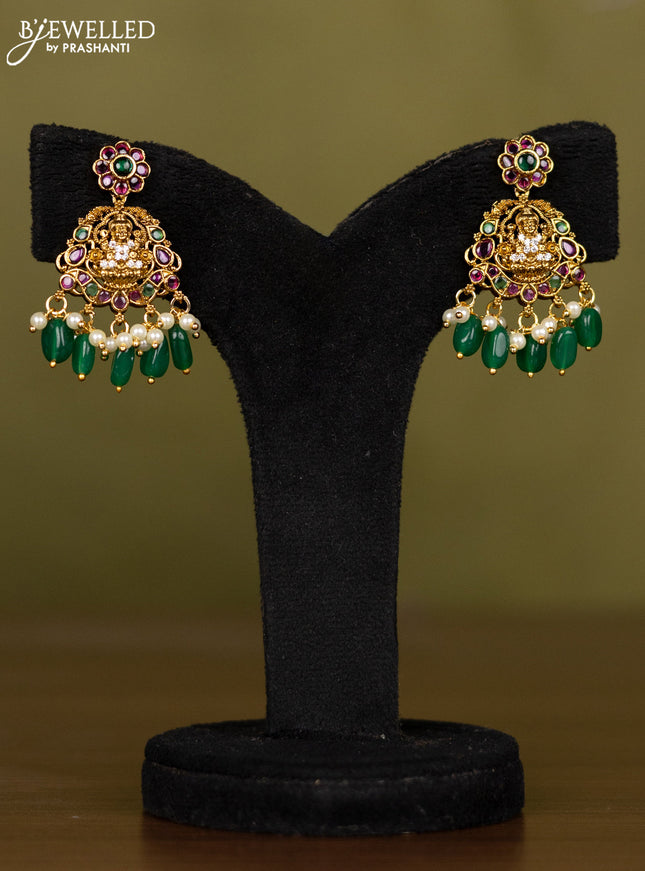 Antique necklace lakshmi design with kemp & cz stones and pearl & green beads hangings