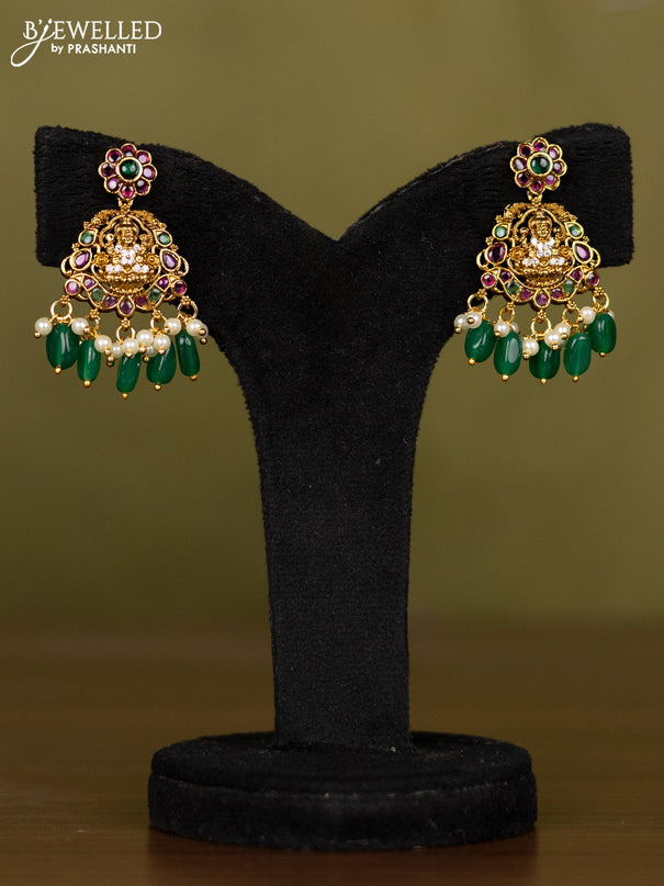 Antique necklace lakshmi design with kemp & cz stones and pearl & green beads hangings