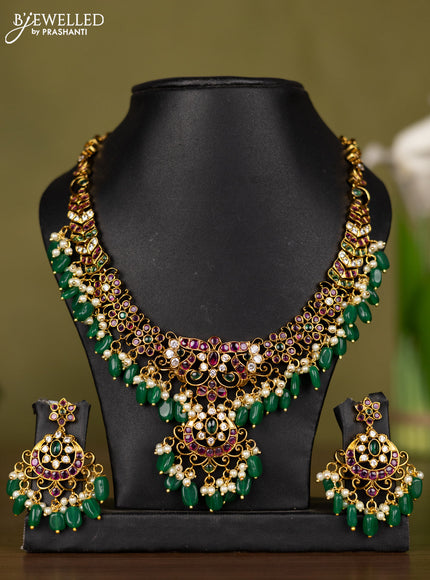 Antique necklace with kemp & cz stones and pearl & green beads hangings