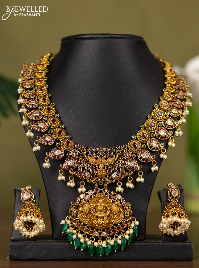 Antique necklace lakshmi & manga pattern with kemp & kundan stones and pearl & green beads hangings
