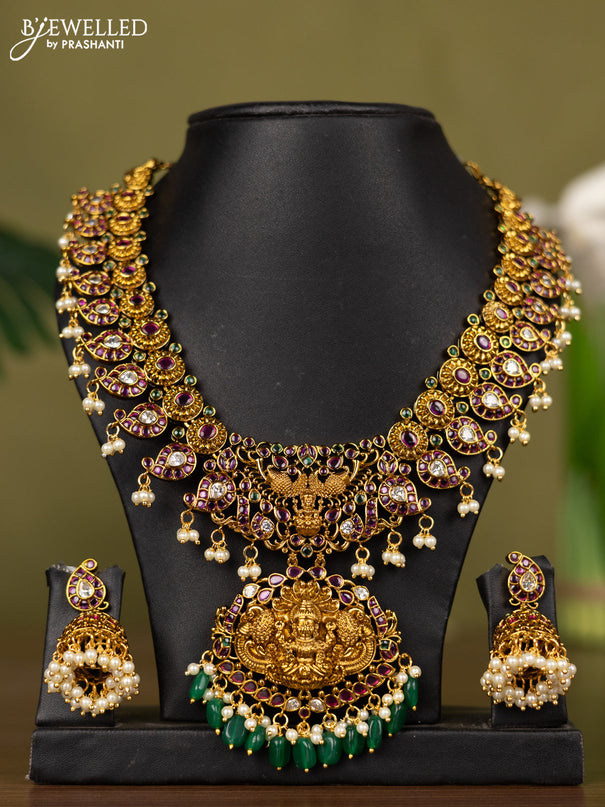 Antique necklace lakshmi & manga pattern with kemp & kundan stones and pearl & green beads hangings