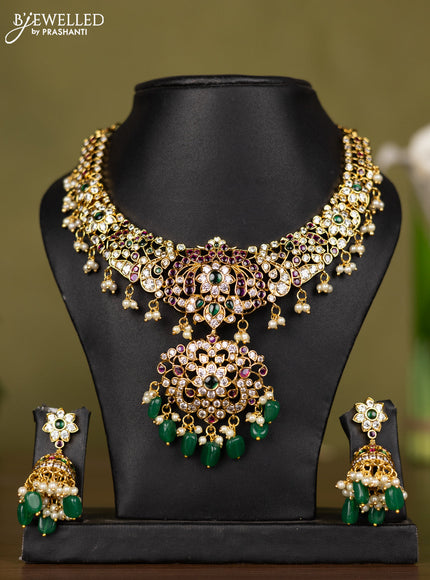 Antique necklace with kemp & kundan stones and pearl & green beads hangings