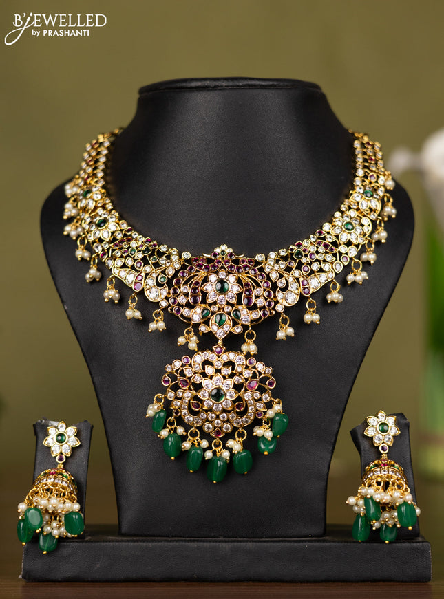 Antique necklace with kemp & kundan stones and pearl & green beads hangings