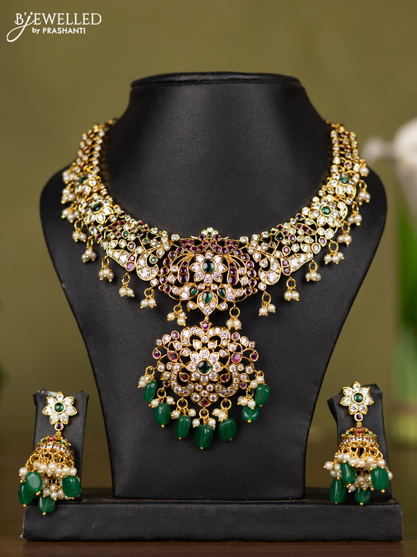 Antique necklace with kemp & kundan stones and pearl & green beads hangings