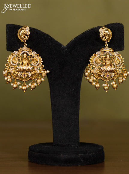Antique necklace lakshmi design with kemp & cz stones and pearl & golden beads hangings