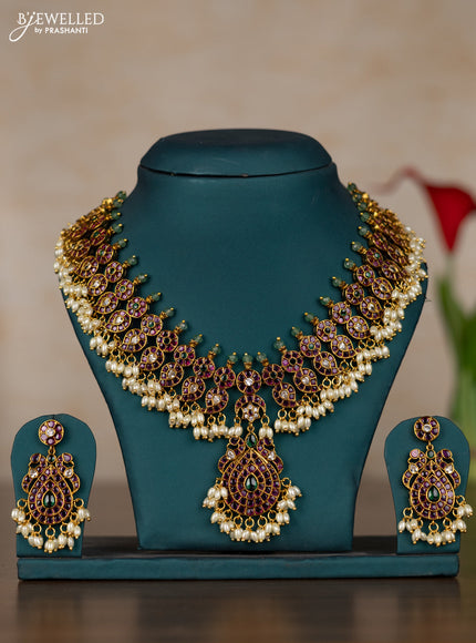 Antique guttapusalu necklace manga pattern with kemp & kundan stones and pearl hangings