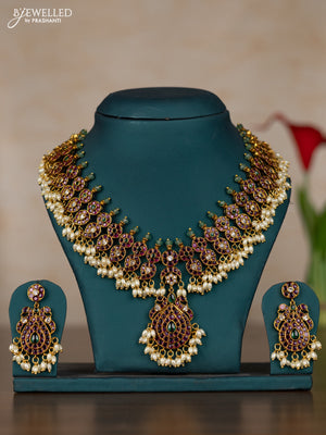 Antique guttapusalu necklace manga pattern with kemp & kundan stones and pearl hangings