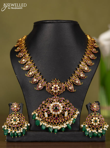 Antique necklace manga pattern with kemp & kundan stones and pearl & green beads hangings