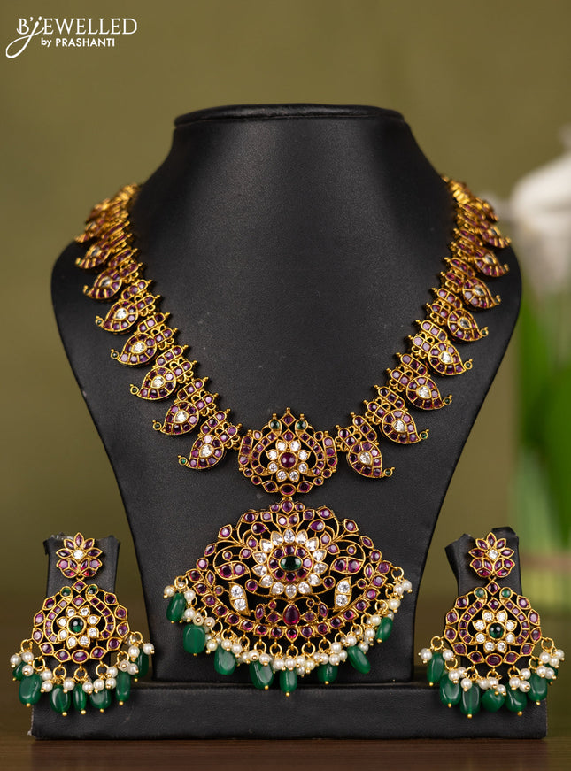 Antique necklace manga pattern with kemp & kundan stones and pearl & green beads hangings
