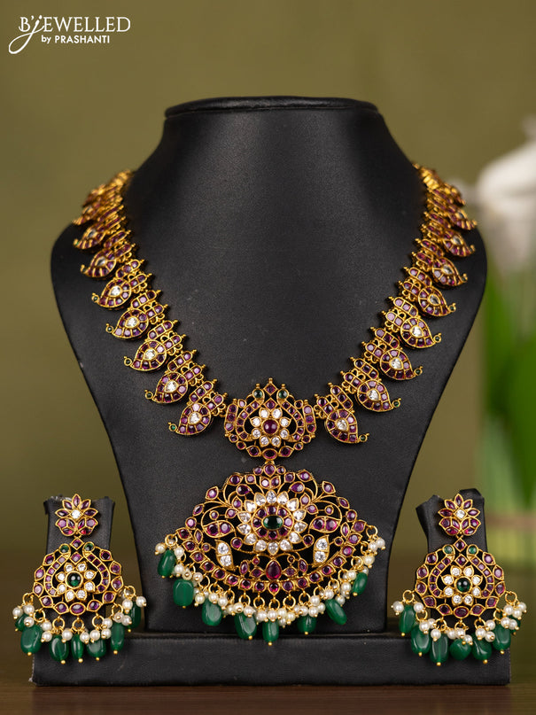 Antique necklace manga pattern with kemp & kundan stones and pearl & green beads hangings