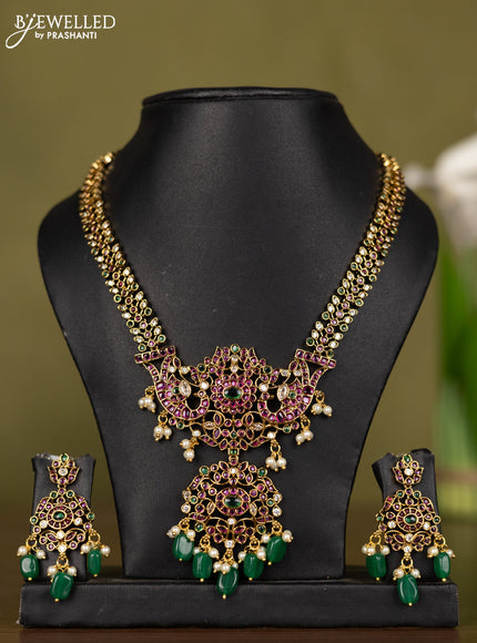 Antique necklace with kemp & cz stones and pearl & green beads hangings