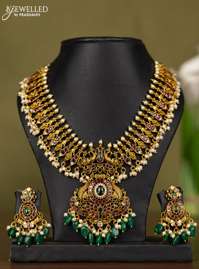 Antique necklace with kemp & cz stones and pearl & green beads hangings