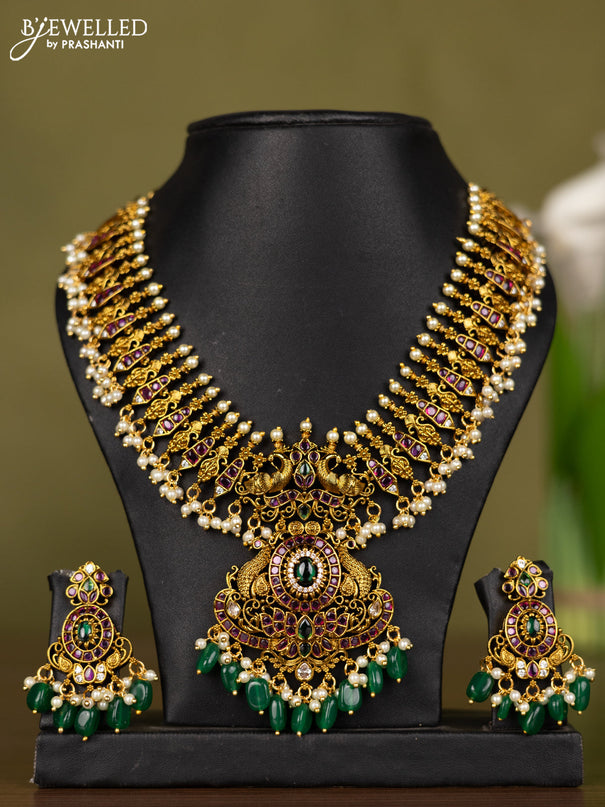 Antique necklace with kemp & cz stones and pearl & green beads hangings