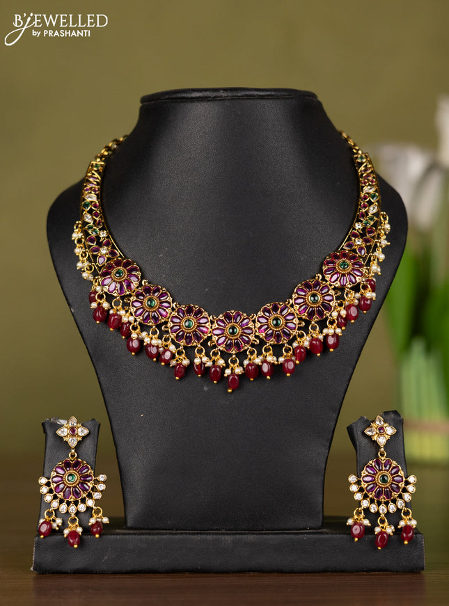 Antique necklace floral design with kemp & cz stones and pearl & pink beads hangings