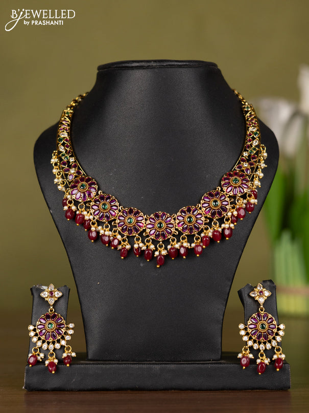 Antique necklace floral design with kemp & cz stones and pearl & pink beads hangings