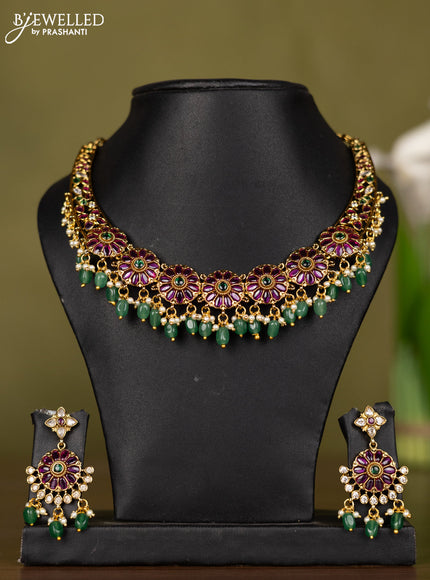 Antique necklace floral design with kemp & cz stones and pearl & mint green beads hangings